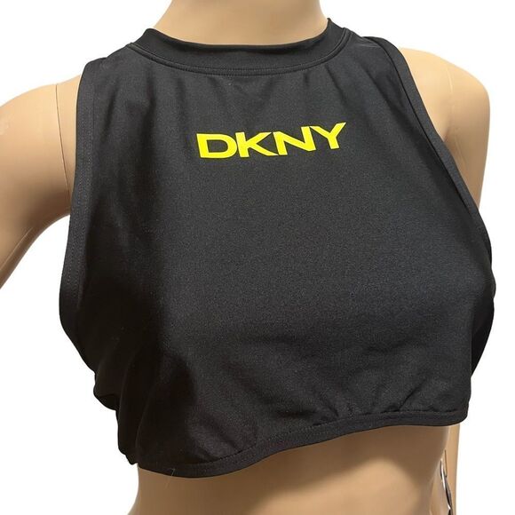 DKNY Black Logo Stretch Zippered Sporty Swimsuit Top - Picture 1 of 3